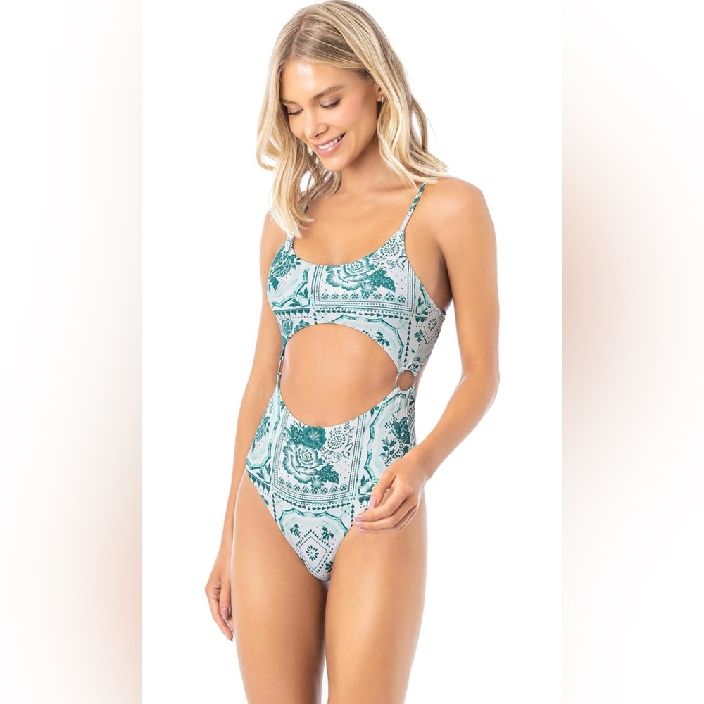 Maaji Teal and White Cutout One-Piece Swimsuit
